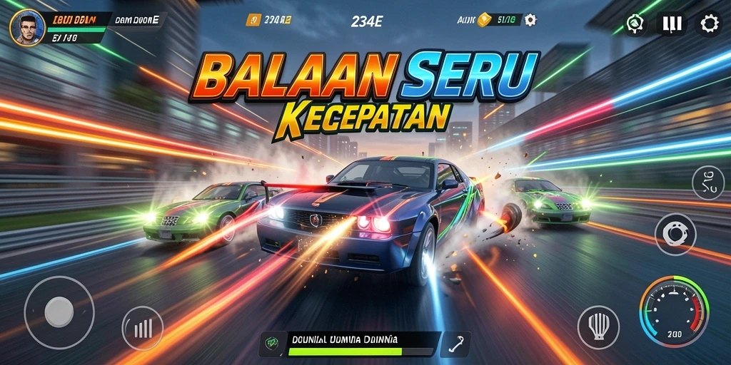 Screenshot gameplay <strong>234E</strong> yang menunjukkan balapan mendebarkan di lintasan.