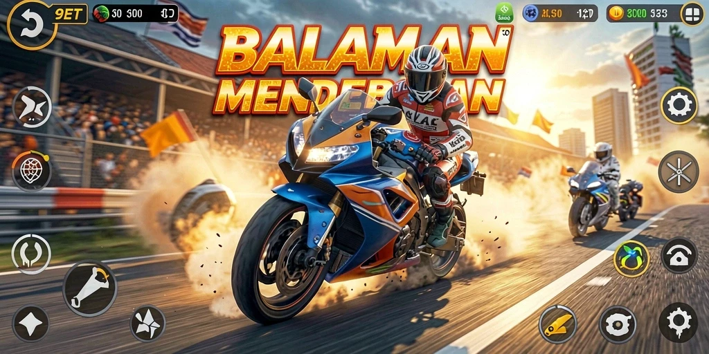 Screenshot gameplay 9ET menampilkan balapan motor yang mendebarkan.