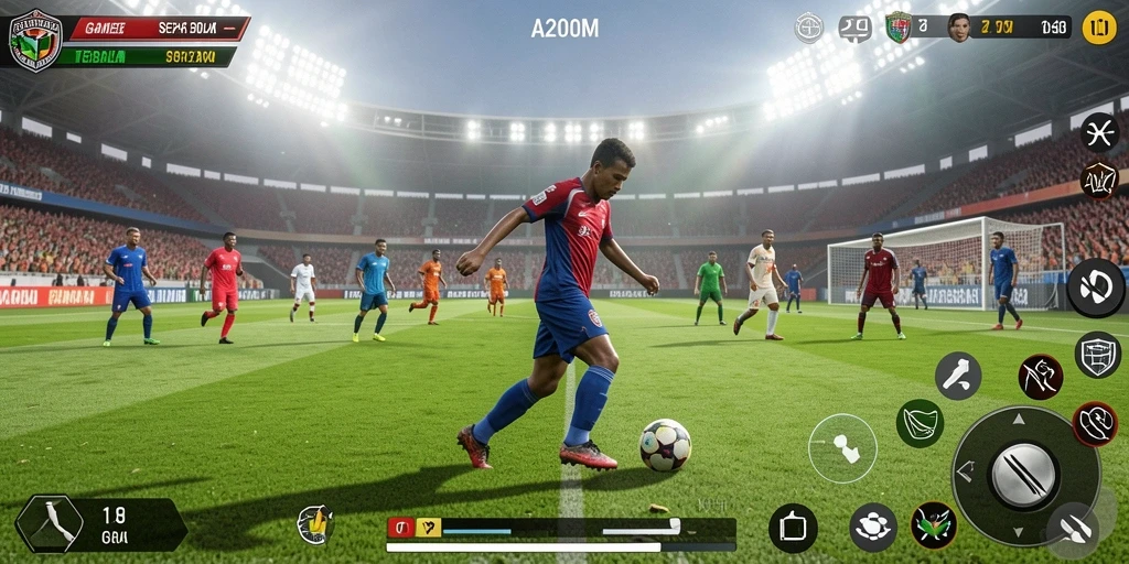 Screenshot dari gameplay A200M yang menampilkan aksi sepak bola yang intens.