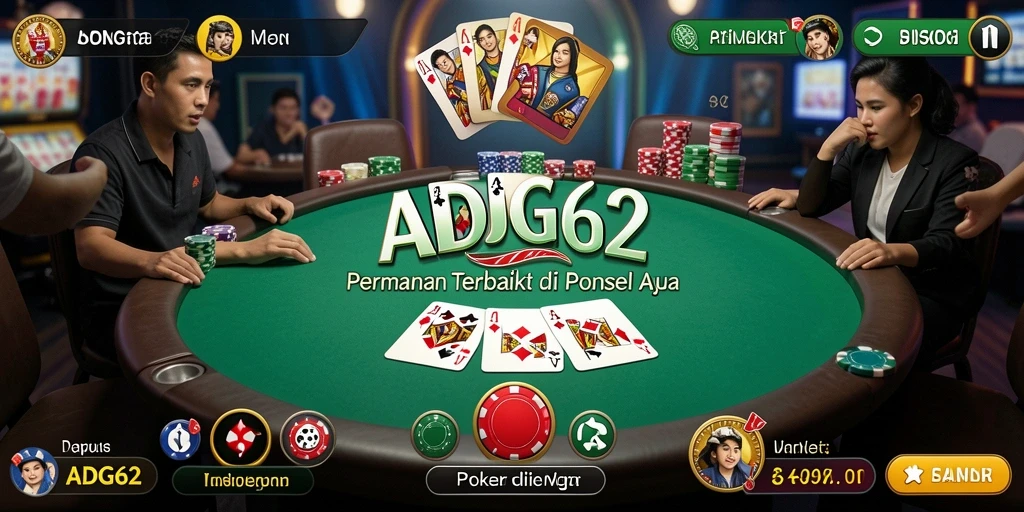 Tampilan gameplay ADG62 dengan suasana permainan Poker yang seru.