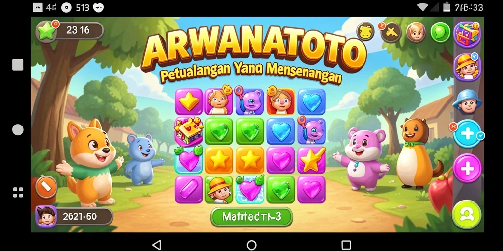 Gameplay seru ARWANATOTO dengan karakter blok warna-warni.
