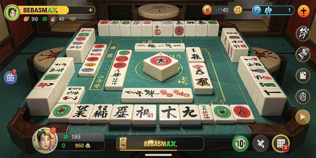 Menampilkan gameplay menarik BEBASMAX dengan ubin Mahjong.
