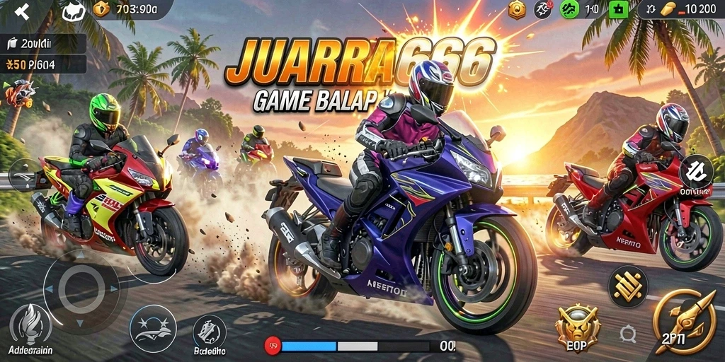Screenshot gameplay JUARA666 menampilkan balapan motor yang mendebarkan.