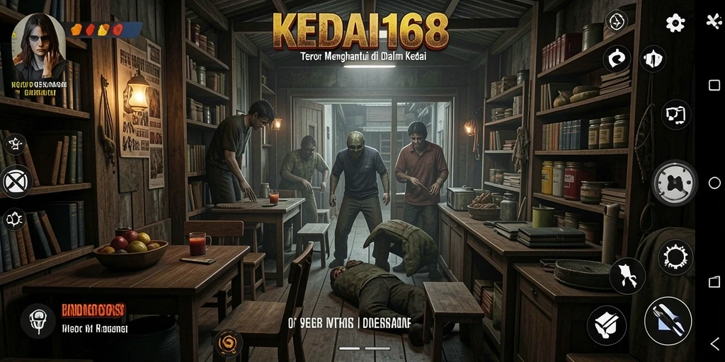 Tampilan gameplay KEDAI168 dengan suasana horor yang menyeramkan.