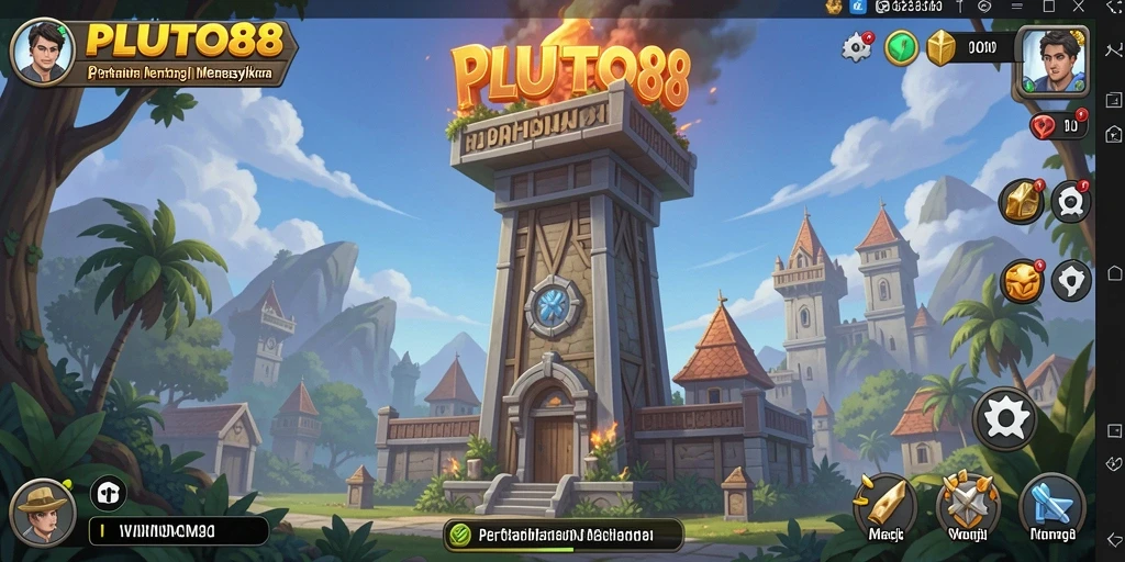 Tangkapan layar gameplay utama PLUTO88 menampilkan pertempuran menara yang seru.