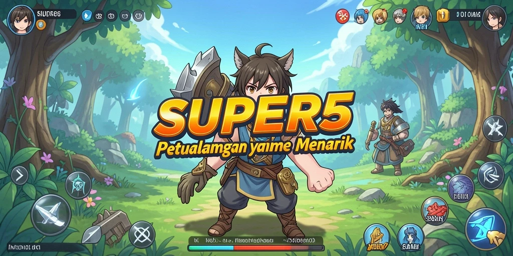 Tangkapan layar gameplay SUPER5 yang menunjukkan pertarungan karakter Anime.