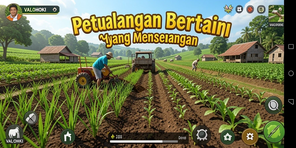 Tangkapan layar VALOHOKI menampilkan pengalaman bermain bertani yang seru dan interaktif.
